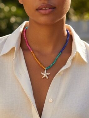 Aqua Multicolor Beaded Starfish Pendant Necklace NWT